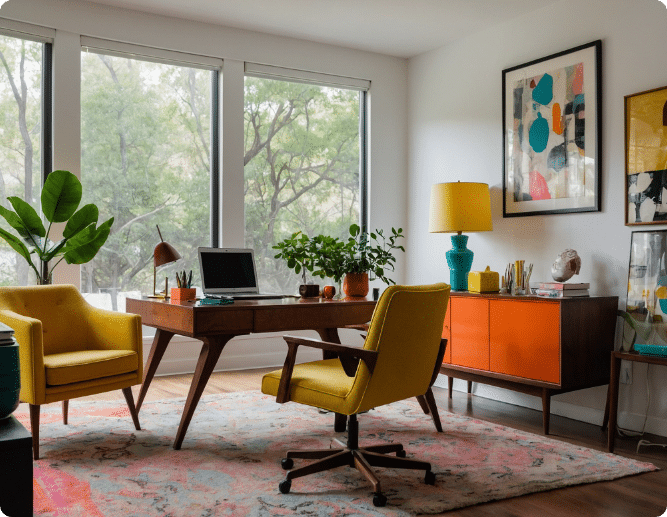 bright mid century office with nearly floor to ceiling windows